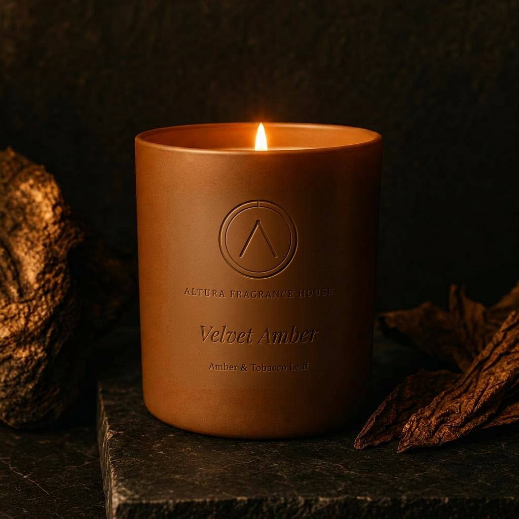 Amber candle styled with lavender and orange peel